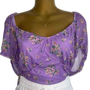 Love, Fire Purple Floral Sweetheart Ruched Crop Top Curvy Plus 3X NWT